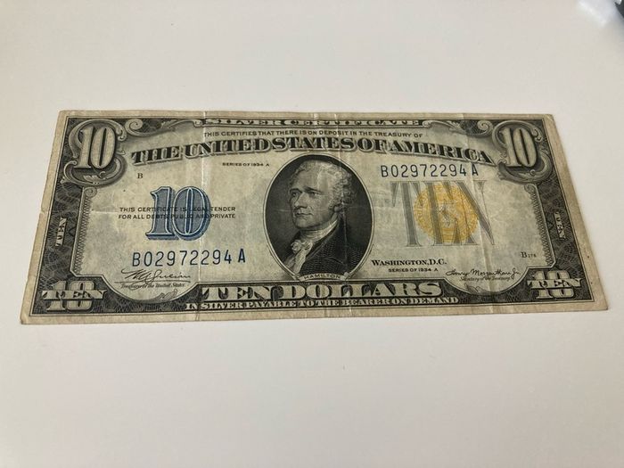 1934 A 10 Dollars Silver certificate Yellow Seal Rare