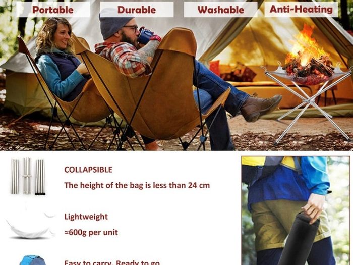 Portable Fire Pit for Camping, Outdoor Folding Firepit Fireplace with Heat Resistant Gloves & Carrying Bag, Stainless Steel Mesh BBQ Fire Bowl for Picnics, Bonfire, Patio, Backyard and Garden (FREE POSTAGE)