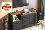 Chest of Drawers Bedroom, 8 Fabric Drawers, Retro Color, 30x132x88cm Contains 2 USB &amp; 2 AC Ports Sockets, Storage Dresser with 8 Fabric Drawers Suitable for Bedrooms, Living Rooms