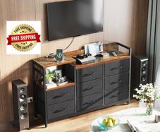 Chest of Drawers Bedroom, 8 Fabric Drawers, Retro Color, 30x132x88cm Contains 2 USB & 2 AC Ports Sockets, Storage Dresser with 8 Fabric Drawers Suitable for Bedrooms, Living Rooms