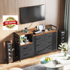 Chest of Drawers Bedroom, 8 Fabric Drawers, Retro Color, 30x132x88cm Contains 2 USB & 2 AC Ports Sockets, Storage Dresser with 8 Fabric Drawers Suitable for Bedrooms, Living Rooms