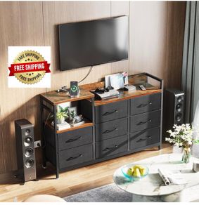 Chest of Drawers Bedroom, 8 Fabric Drawers, Retro Color, 30x132x88cm Contains 2 USB & 2 AC Ports Sockets, Storage Dresser with 8 Fabric Drawers Suitable for Bedrooms, Living Rooms