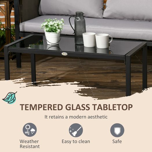 4 Piece Metal Garden Furniture Set - Includes Tempered Glass Coffee Table, Texteline Pocket, Outdoor Patio Set with Loveseat, Single Armchairs and Padded Cushions, Light Grey