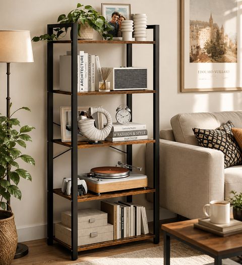 Industrial 5 Tier Bookcase Vintage Brown and Black Book Shelf Storage Shelving Unit
