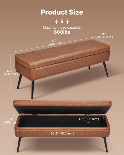 PU Leather Storage Ottoman Bench with Storage and Metal Legs