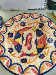 Mexican Decor Fish Motif Plate Cobalt Blue Orange Ceramic Pottery