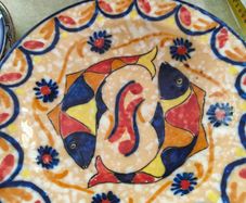 Mexican Decor Fish Motif Plate Cobalt Blue Orange Ceramic Pottery