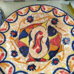Mexican Decor Fish Motif Plate Cobalt Blue Orange Ceramic Pottery