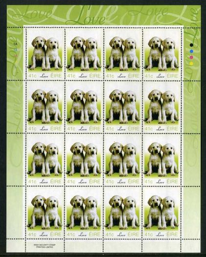 2003 Ireland Greetings (baby animals, puppies) Commemorative Stamp Sheetlet Plate 1A1A1A1A Mint Never Hinged (MNH).