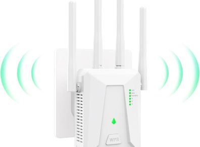 WiFi Extender Booster, WiFi Booster 4 Antennas Ethernet Port, 30 Devices WiFi Booster Range Extender, Covers Up to 5000 Sq.ft, Quick Setup, Works with Any WiFi Router, UK Plug