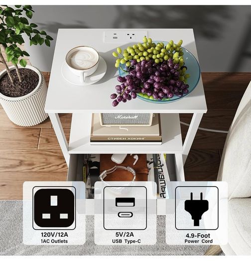 Bedside Table with Charging Station, Side Table with 2 USB Ports and Outlets, Nightstand with Cloth Drawer, Set of 2, End Table, White