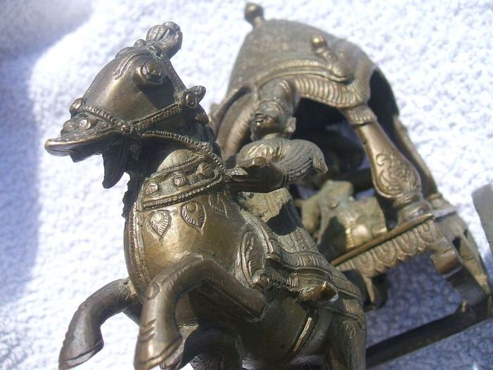Antique INDIAN BRONZE TEMPLE TOY (Kutch style) - an exceptionally fine example with horse and rider with carriage (c.19th century)