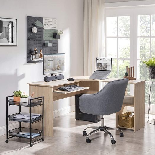 _L-shaped computer table, desk, corner desk with 2 shelves, 60 x 30 cm keyboard shelf, for the office and study, 140 x 120 x 75 cm, oak-colored