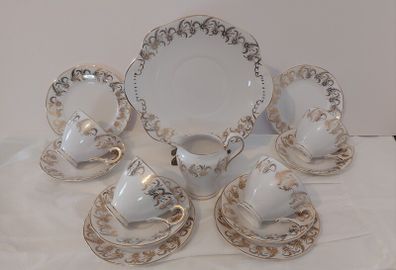 Fabulous Vintage Royal Tara Fine Bone China 14 Piece Breakfast Teaset for Four in a Beautiful Gilt Feathery Repeat Pattern, no. 947