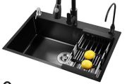 Black Kitchen Sink, Stainless Steel Single Bowl Sink, Drop in/Topmount Workstation Sink with Sliding Accessories, Farmhouse Workstation Sink with Multiple Accessories (50 /45cm)