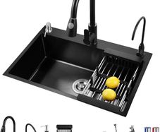 Black Kitchen Sink, Stainless Steel Single Bowl Sink, Drop in/Topmount Workstation Sink with Sliding Accessories, Farmhouse Workstation Sink with Multiple Accessories (50 /45cm)