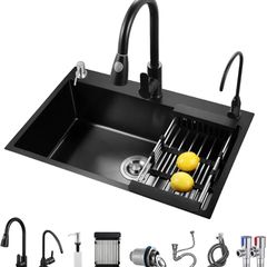 Black Kitchen Sink, Stainless Steel Single Bowl Sink, Drop in/Topmount Workstation Sink with Sliding Accessories, Farmhouse Workstation Sink with Multiple Accessories (50 /45cm)