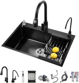 Black Kitchen Sink, Stainless Steel Single Bowl Sink, Drop in/Topmount Workstation Sink with Sliding Accessories, Farmhouse Workstation Sink with Multiple Accessories (50 /45cm)
