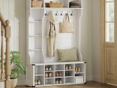 White 4 in 1 Entryway Coat Rack with Shoe Storage and Bench Modern Country
