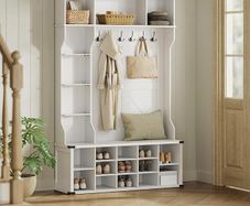 White 4 in 1 Entryway Coat Rack with Shoe Storage and Bench Modern Country