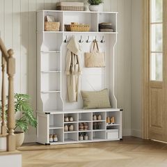 White 4 in 1 Entryway Coat Rack with Shoe Storage and Bench Modern Country