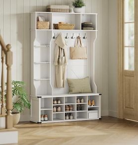 White 4 in 1 Entryway Coat Rack with Shoe Storage and Bench Modern Country