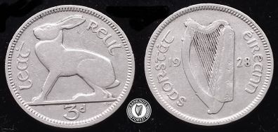 [#118] - Ireland 1928 | Irish 3d | Three Pence | Hare | KM.4