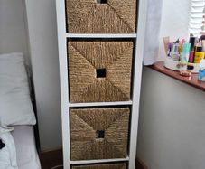 White IKEA KALLAX Shelving Unit & 4 x Wicker Baskets