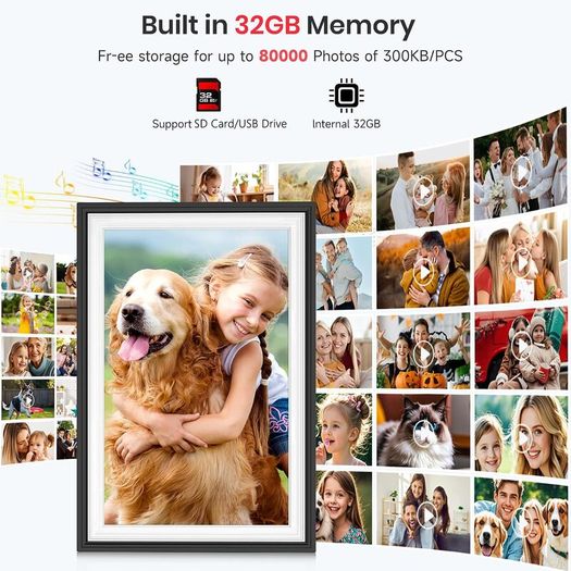 WiFi Digital Photo Frame 1280x800 HD IPS Touchscreen, 32GB Storage, Auto-Rotate, Wall-Mountable for Sharing Photos & Videos