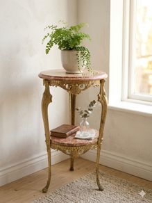 Vintage French Brass & Pink Marble 2-Tier Side Table Plant Stand