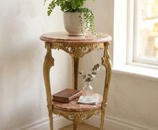 Vintage French Brass & Pink Marble 2-Tier Side Table Plant Stand