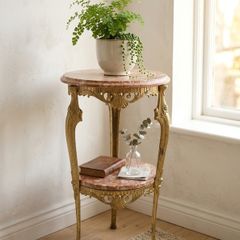 Vintage French Brass & Pink Marble 2-Tier Side Table Plant Stand