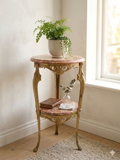 Vintage French Brass & Pink Marble 2-Tier Side Table Plant Stand