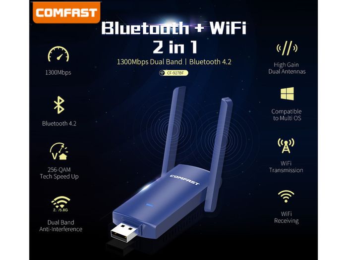 COMFAST Bluetooth+WiFi(1300Mbps) Dual Band (2.4G/5G) USB Adapter/Dongle+Hotspot - 2x3dbi Foldable External Antennas (Brand New/Warranty)