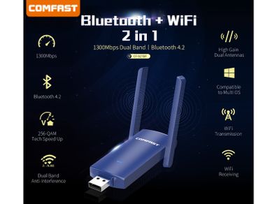 COMFAST Bluetooth+WiFi(1300Mbps) Dual Band (2.4G/5G) USB Adapter/Dongle+Hotspot - 2x3dbi Foldable External Antennas (Brand New/Warranty)