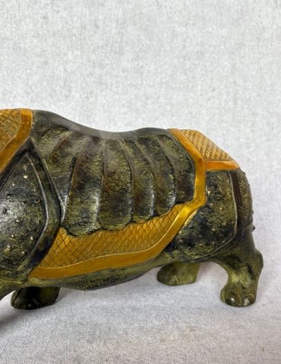 Vintage Chinese Rhinoceros (42cm/7kg) - Bronze With Gilt Accents, Stamped