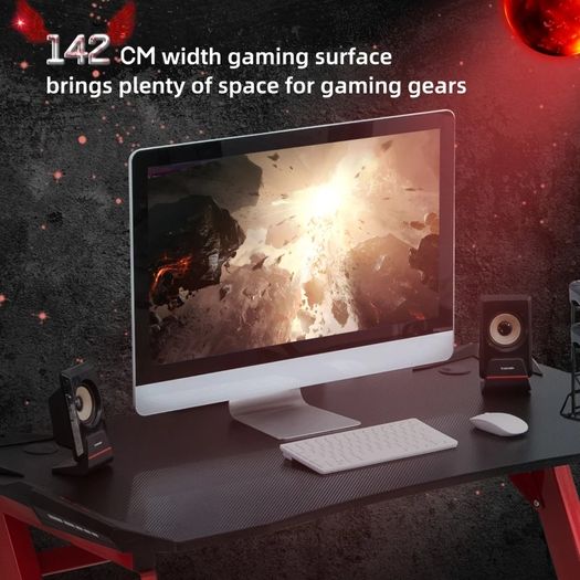142 x 66 cm Racing Gaming Desk, Computer Table with Cup Holder and Headphone Hook, Black and Red