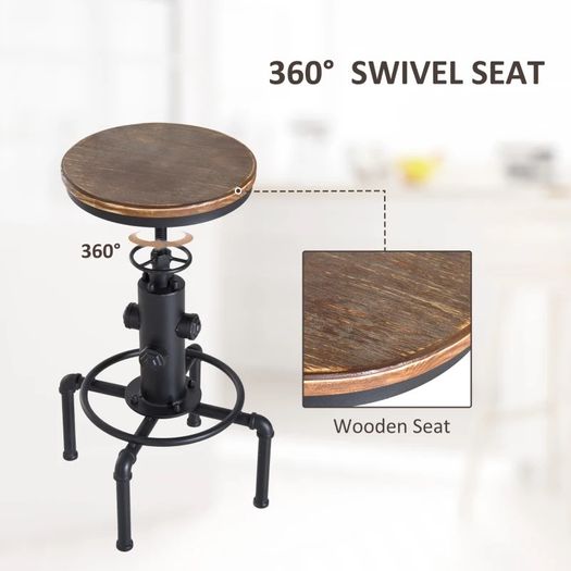 Bar stool Swivel Chair Dining Wooden Top Adjustable W/Footrest Pine Wood Steel Brown (FREE EXPRESS SHIPPING)