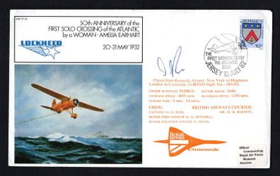 1982 Jersey Illustrated Cover Commemorating The First Woman to fly The Atlantic Solo by a woman - Amelia Earhart trying 10p stamp Stamp with rear cancel from Heathrow, London