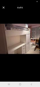 White high sleeper bed with desk, wardrobe and storage steps