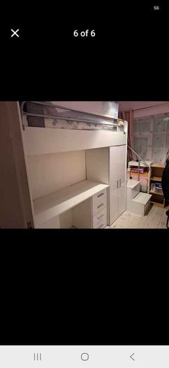 White high sleeper bed with desk, wardrobe and storage steps