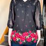 Black Floral Blouse Sheer Sleeves Tie Back -  Size XXL / 44 / 16 Image 2