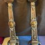 Antique French renaissance brass mantel clock with knight figure  pair of renaissance brass candlesticks with enamel inlays. Image 2