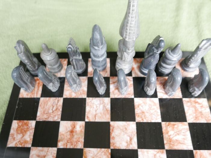 Vintage Marble Chess Board, 14 inch and Handcrafted African Soapstone Chess Set (king 6")