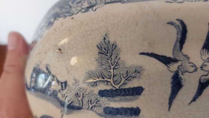 Fabulous Antique Blue and White Transferware Willow Pattern Large Lidded Tureen/Vegetable Dish For Display, Unknown Maker, Most Likely Staffordshire Made