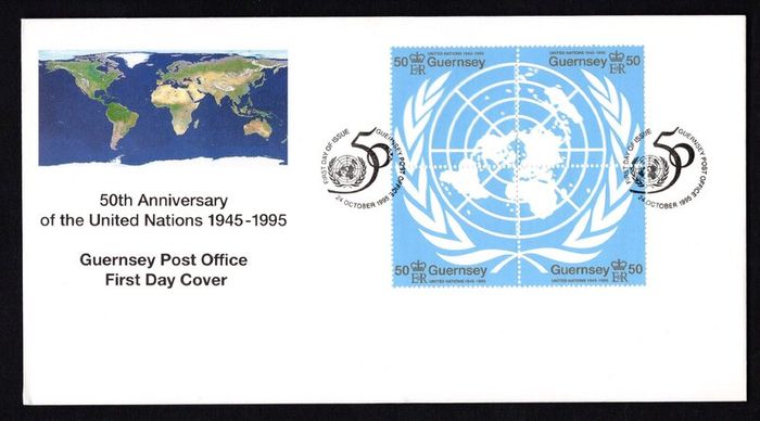 1995 Guernsey 50th Anniversary of Unites Nations Commemorative Stamps Official First Day Cover (FDC)