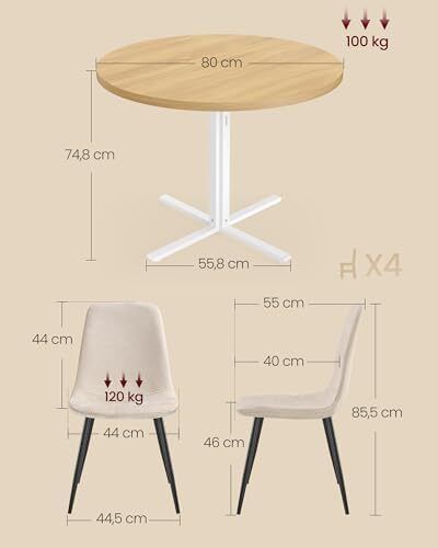 Round Table with 4 Dining Chairs Steel Frame Easy Assembly Golden Oak Cream White