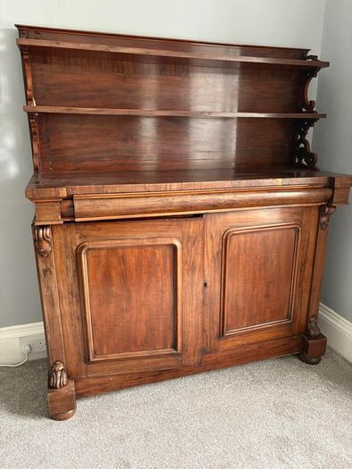 mid-19th-century Victorian mahogany chiffonier sideboard featuring
