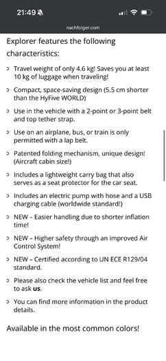 Travel Car Seat Nachfolger Rear Facing Inflatable Hy5.1 TT
