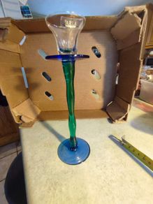 Parlane collection candle holder hand made coloured glass blue and green stem.